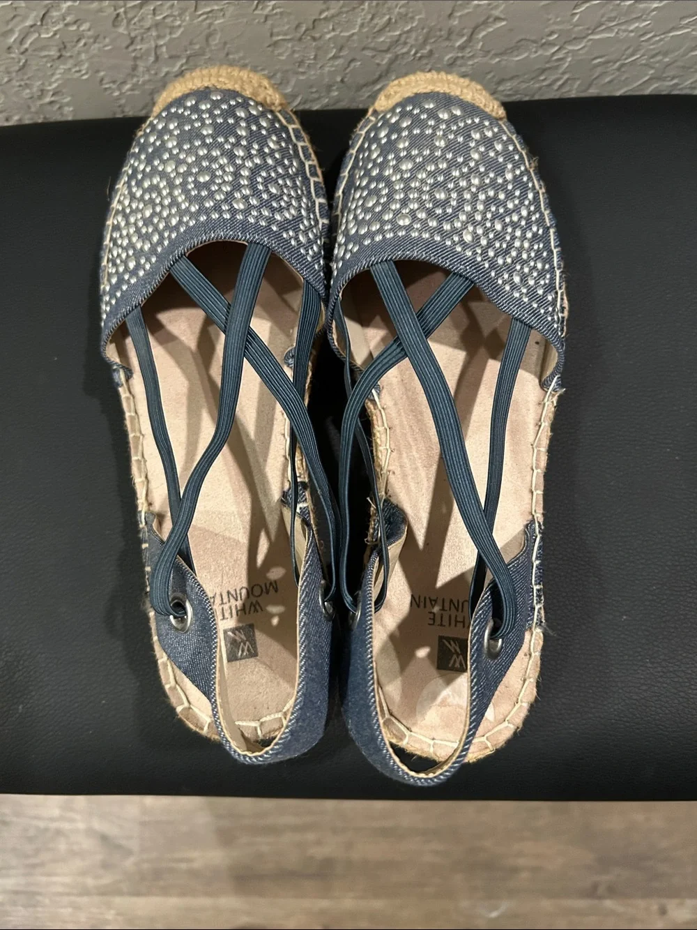 White Mountain Navy Espadrille Slingback with Pearl Studs